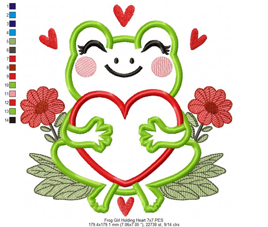 Valentines Frog Holding a Heart - Applique - Machine Embroidery Design