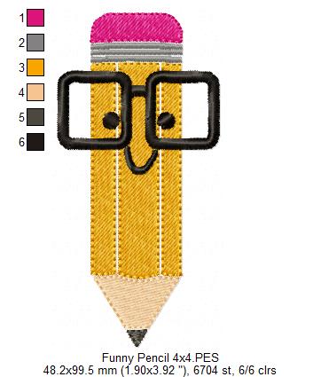 Funny School Pencil with Glasses - Fill Stitch - Machine Embroidery Design
