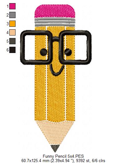 Funny School Pencil with Glasses - Fill Stitch - Machine Embroidery Design