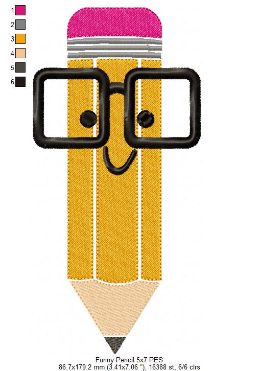 Funny School Pencil with Glasses - Fill Stitch - Machine Embroidery Design