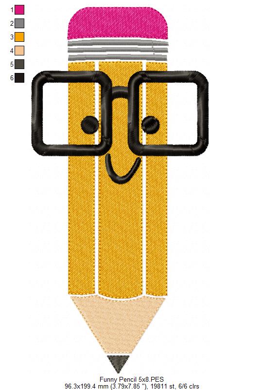 Funny School Pencil with Glasses - Fill Stitch - Machine Embroidery Design