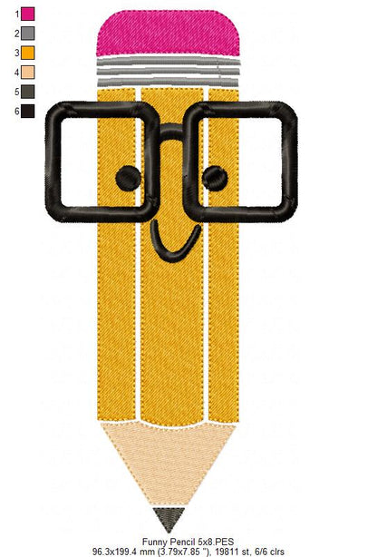 Funny School Pencil with Glasses - Fill Stitch - Machine Embroidery Design