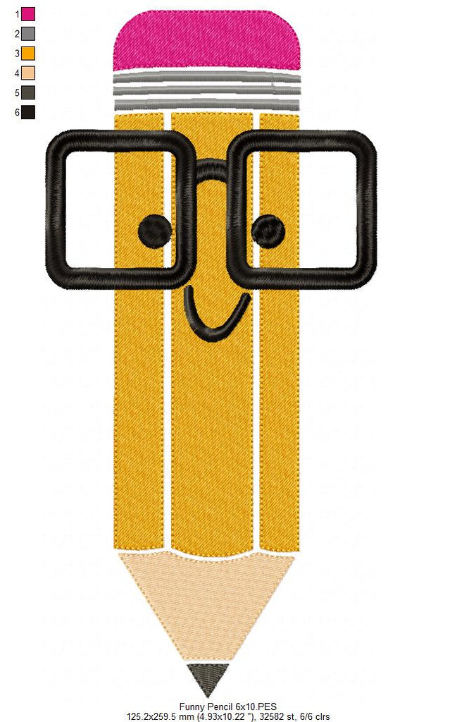 Funny School Pencil with Glasses - Fill Stitch - Machine Embroidery Design