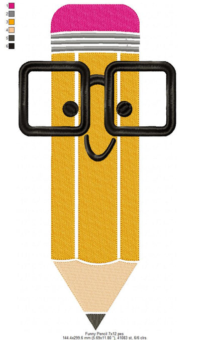 Funny School Pencil with Glasses - Fill Stitch - Machine Embroidery Design