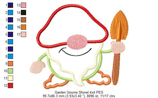 Garden Gnome with Garden Shovel - Applique - Machine Embroidery Design