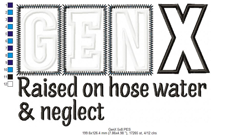 Gen X Raised on Hose Water & Neglect - Applique - Machine Embroidery Design