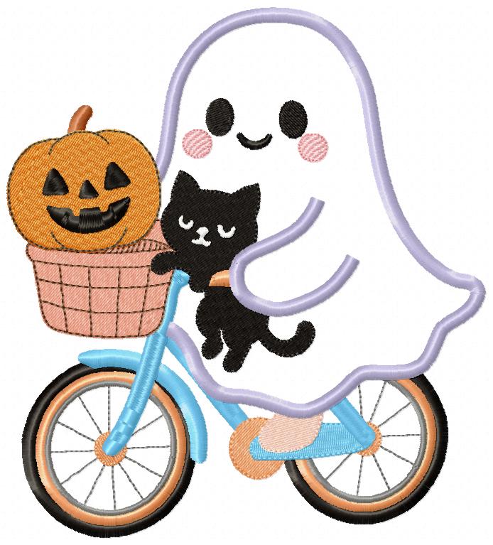 Adorable Ghost Biking with Friends - Applique - Machine Embroidery Design