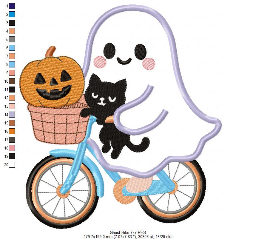 Adorable Ghost Biking with Friends - Applique - Machine Embroidery Design