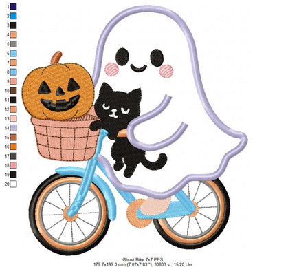 Adorable Ghost Biking with Friends - Applique - Machine Embroidery Design