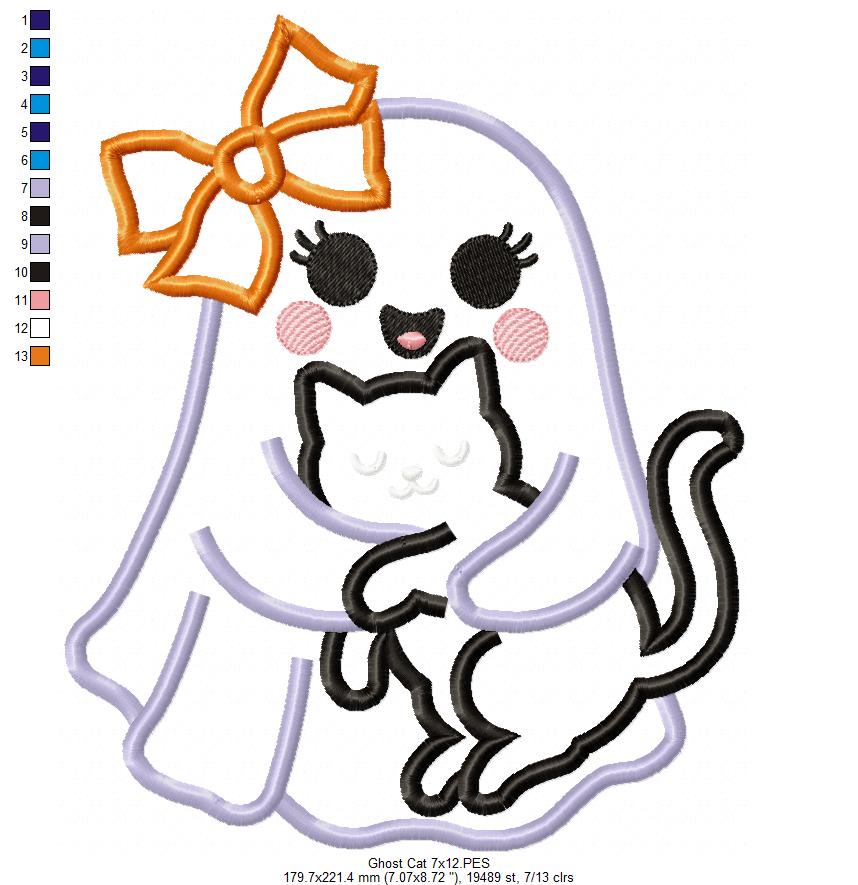 🎀 Ghost with Cat - Applique - Machine Embroidery Design 👻🐈