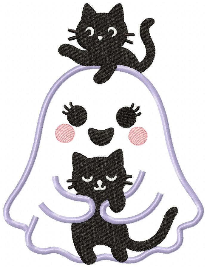 Ghost with Black Cats - Applique - Machine Embroidery Design 👻🐾🖤🎃