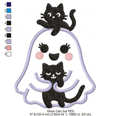 Ghost with Black Cats - Applique - Machine Embroidery Design 👻🐾🖤🎃