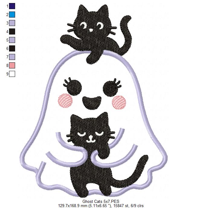 Ghost with Black Cats - Applique - Machine Embroidery Design 👻🐾🖤🎃