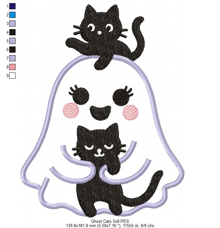 Ghost with Black Cats - Applique - Machine Embroidery Design 👻🐾🖤🎃