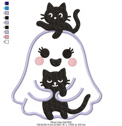 Ghost with Black Cats - Applique - Machine Embroidery Design 👻🐾🖤🎃