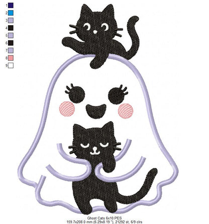 Ghost with Black Cats - Applique - Machine Embroidery Design 👻🐾🖤🎃