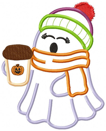 🎃☕ Cozy Ghost with Coffee – Applique – Machine Embroidery Design 🧵✨