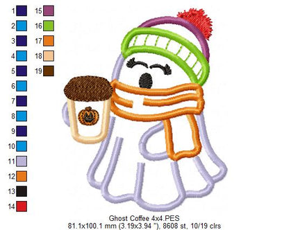 🎃☕ Cozy Ghost with Coffee – Applique – Machine Embroidery Design 🧵✨