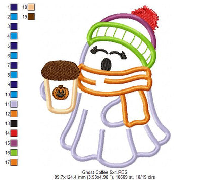 🎃☕ Cozy Ghost with Coffee – Applique – Machine Embroidery Design 🧵✨