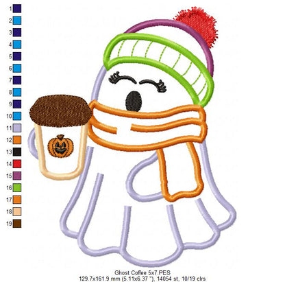 🎃☕ Cozy Ghost with Coffee – Applique – Machine Embroidery Design 🧵✨