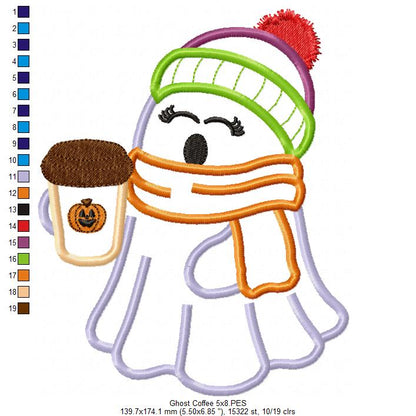 🎃☕ Cozy Ghost with Coffee – Applique – Machine Embroidery Design 🧵✨