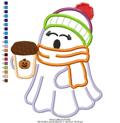 🎃☕ Cozy Ghost with Coffee – Applique – Machine Embroidery Design 🧵✨