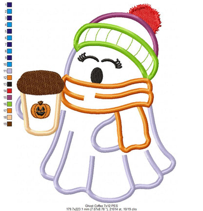 🎃☕ Cozy Ghost with Coffee – Applique – Machine Embroidery Design 🧵✨