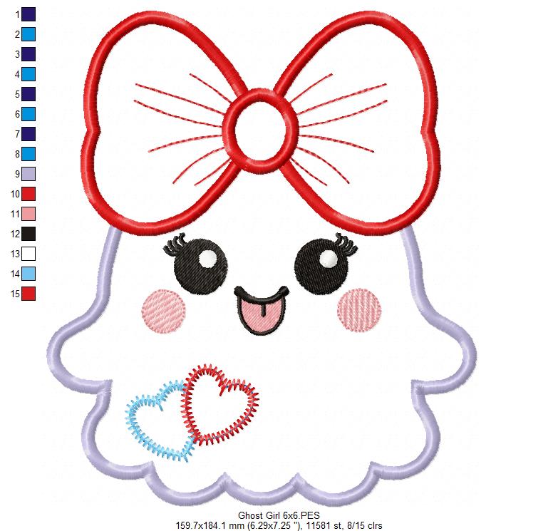 Ghost Girl with a Big Bow - Applique - Machine Embroidery Design