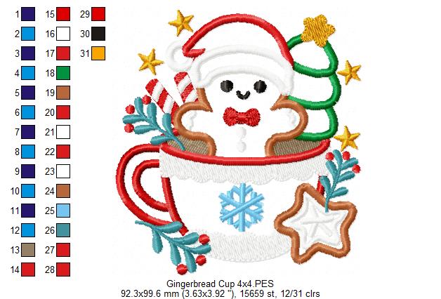 Christmas Gingerbread in a Cup - Applique - Machine Embroidery Design