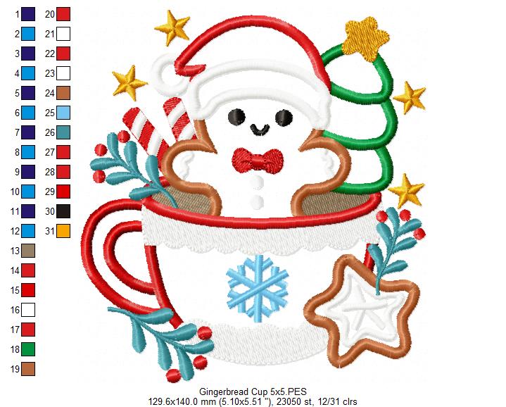 Christmas Gingerbread in a Cup - Applique - Machine Embroidery Design