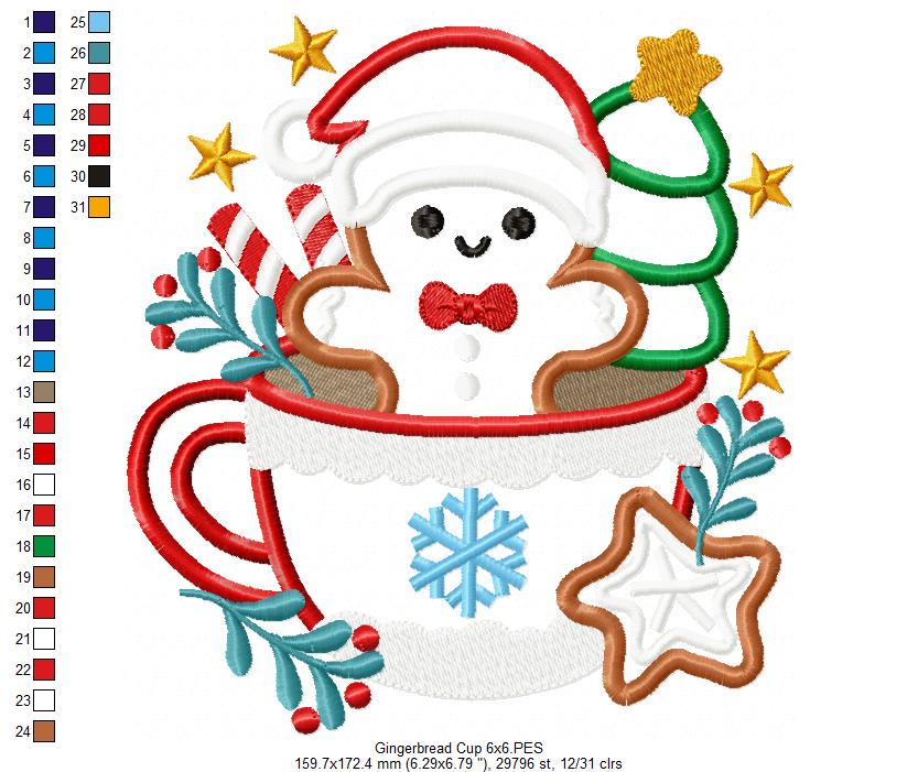 Christmas Gingerbread in a Cup - Applique - Machine Embroidery Design