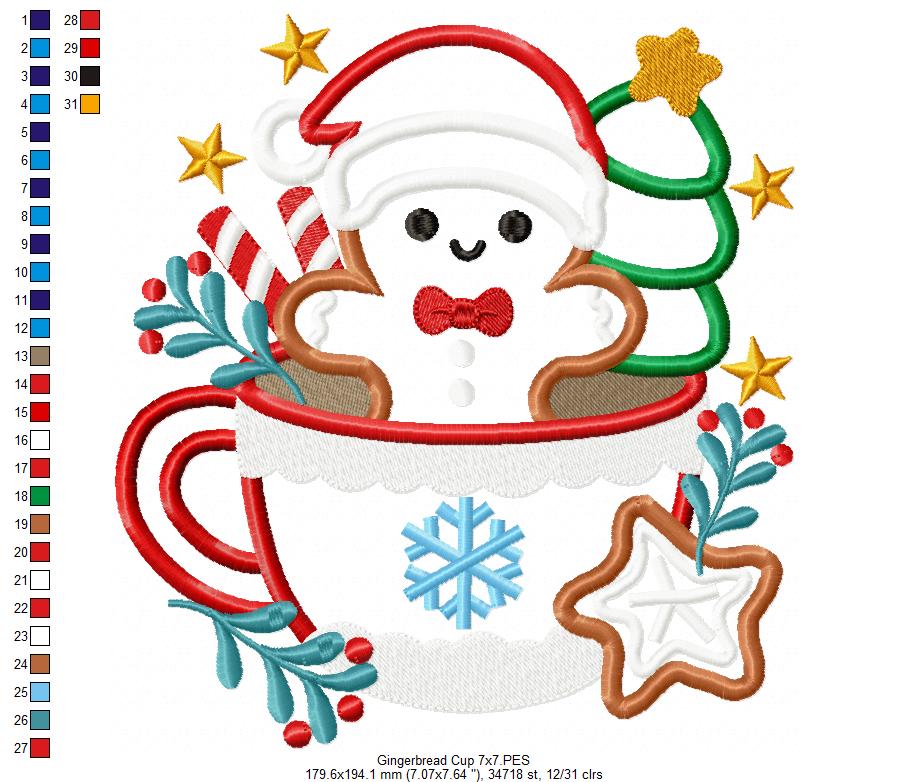 Christmas Gingerbread in a Cup - Applique - Machine Embroidery Design