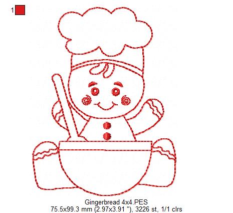 Little Gingerbread Baker - Redwork Stitch - Machine Embroidery Design