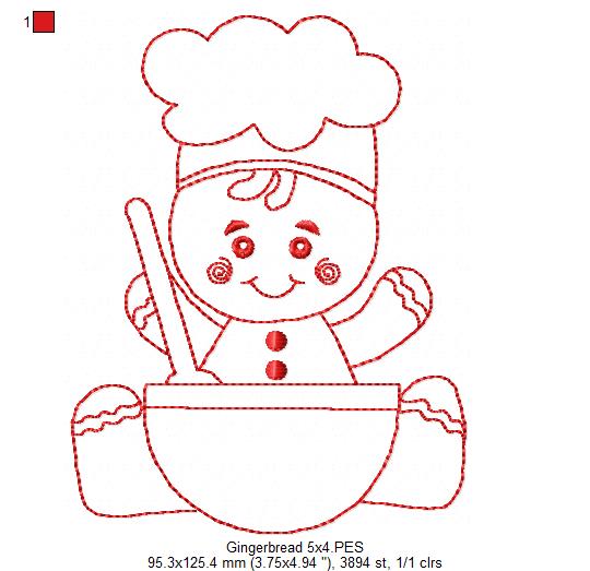 Little Gingerbread Baker - Redwork Stitch - Machine Embroidery Design