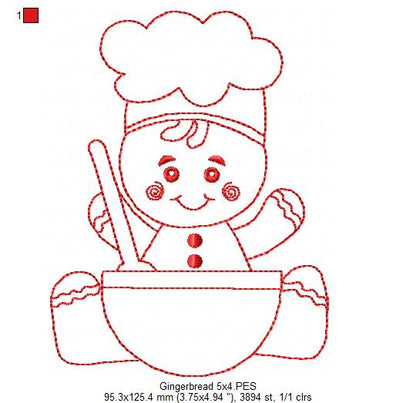 Little Gingerbread Baker - Redwork Stitch - Machine Embroidery Design