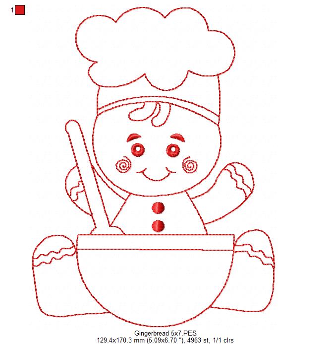 Little Gingerbread Baker - Redwork Stitch - Machine Embroidery Design