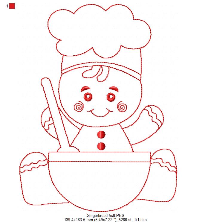 Little Gingerbread Baker - Redwork Stitch - Machine Embroidery Design