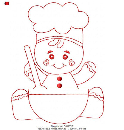 Little Gingerbread Baker - Redwork Stitch - Machine Embroidery Design