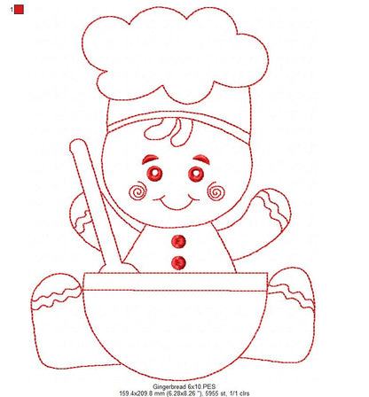 Little Gingerbread Baker - Redwork Stitch - Machine Embroidery Design