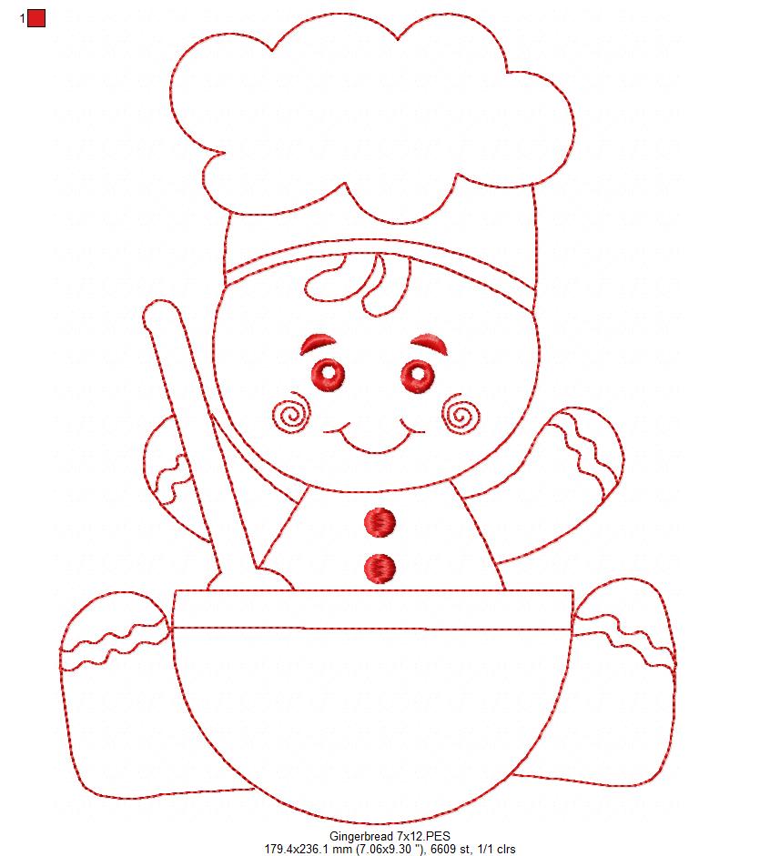 Little Gingerbread Baker - Redwork Stitch - Machine Embroidery Design