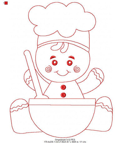 Little Gingerbread Baker - Redwork Stitch - Machine Embroidery Design