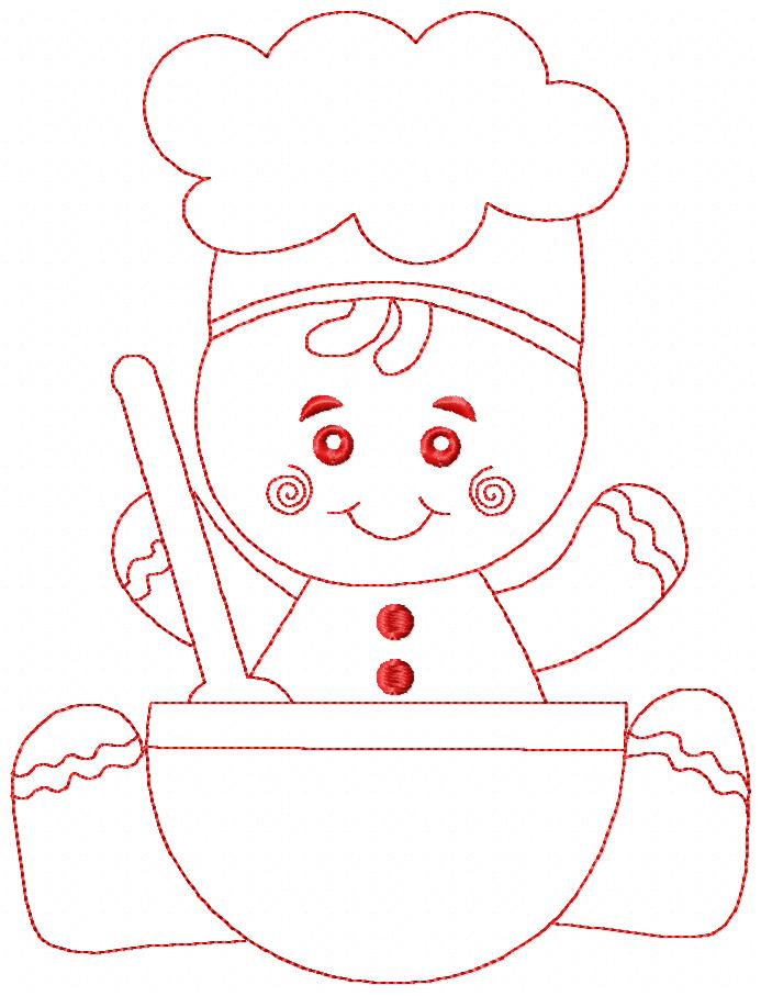 Little Gingerbread Baker - Redwork Stitch - Machine Embroidery Design