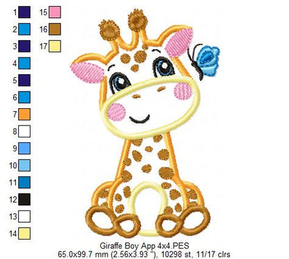 Giraffe Boy and Girl and Butterfly - Applique Embroidery - Set of 2 designs