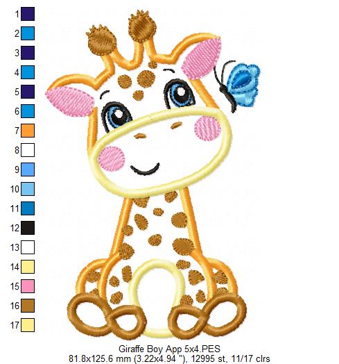 Giraffe Boy and Butterfly - Applique - Machine Embroidery Design