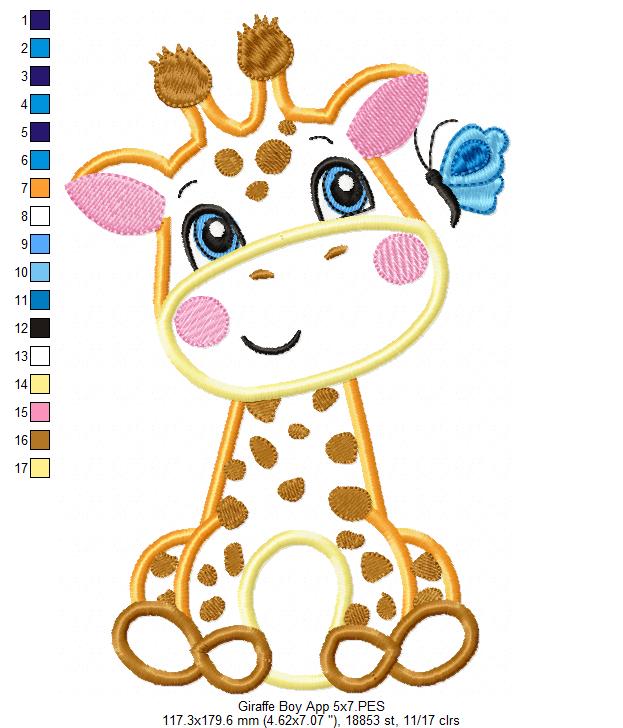Giraffe Boy and Butterfly - Applique - Machine Embroidery Design