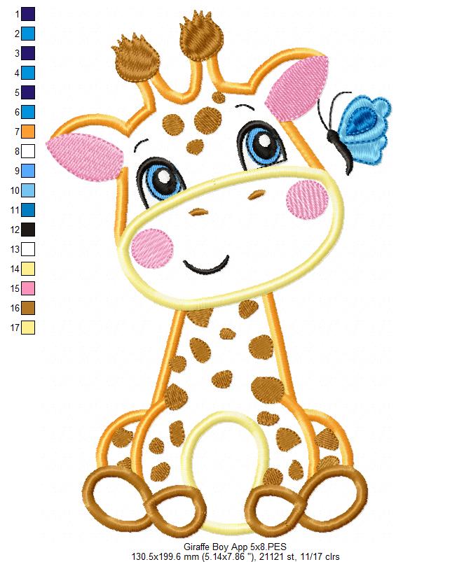 Giraffe Boy and Butterfly - Applique - Machine Embroidery Design