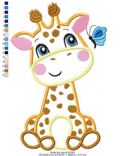 Giraffe Boy and Girl and Butterfly - Applique Embroidery - Set of 2 designs