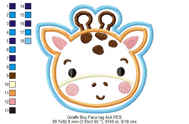 Giraffe Boy and Girl Face Tag  Set - ITH Project - Machine Embroidery Design