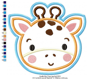 Giraffe Boy and Girl Face Tag  Set - ITH Project - Machine Embroidery Design