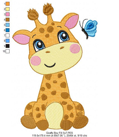 Giraffe Boy and Girl and Butterfly - Fill Stitch - Set of 2 designs